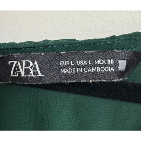 Zara Green Pleated Chiffon Midi Dress Large Smocked Waist V Neck - Picture 3 of 5